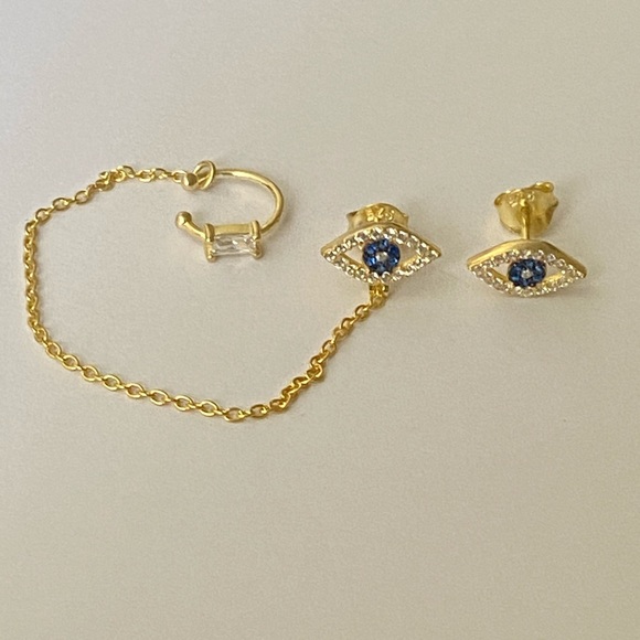 925 Sterling silver evileye cz earrings with cuff - Picture 2 of 3